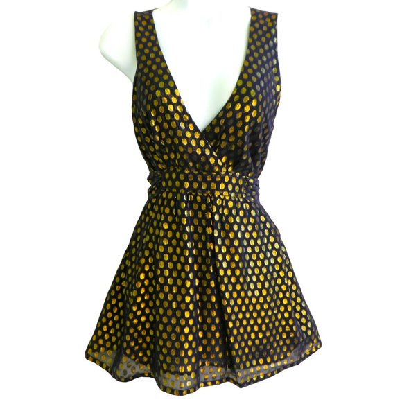 SiLK Metallic French Connection Gold Polka Dot Babydoll Top Sleeveless Tie 6 - Picture 1 of 8